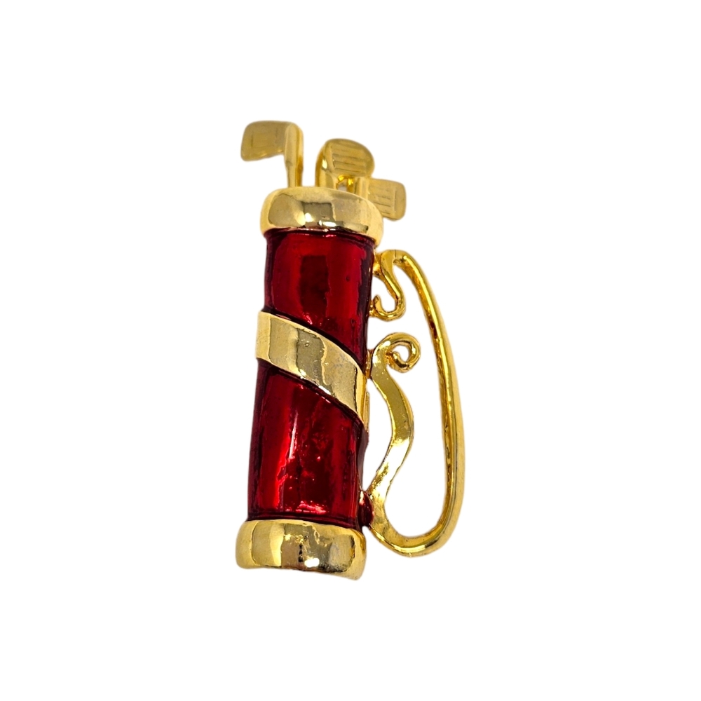 Golf Clubs Brooch Pin Red Enamel Gold Tone Golf Bag